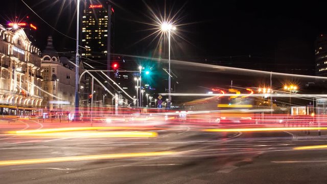 Fast night timelapse of rush in the downtown of Warsaw, Poland