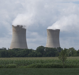 Water vapor from two boiling water reactor units of Limerick nuclear power plant near Philadelphia...