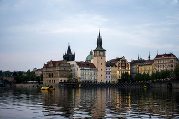 Fototapeta premium Scenic evening view of the Old Town ancient architecture and Vltava river in Prague Czech Republic