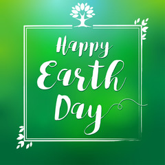 Happy Earth Day hand lettering leaf frame card. Vector illustration with frame of leaves and tree for Earth Day banner, poster