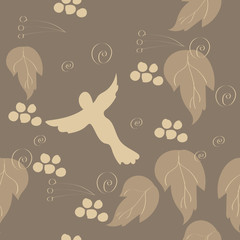 Seamless pattern of hand drawn elements on light brown background.