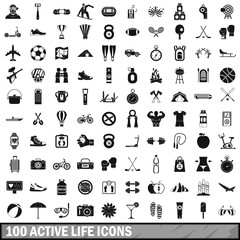 100 active life icons set in simple style 