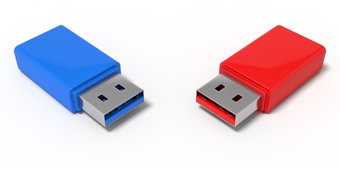 3d illustration of red and blue usb sticks.