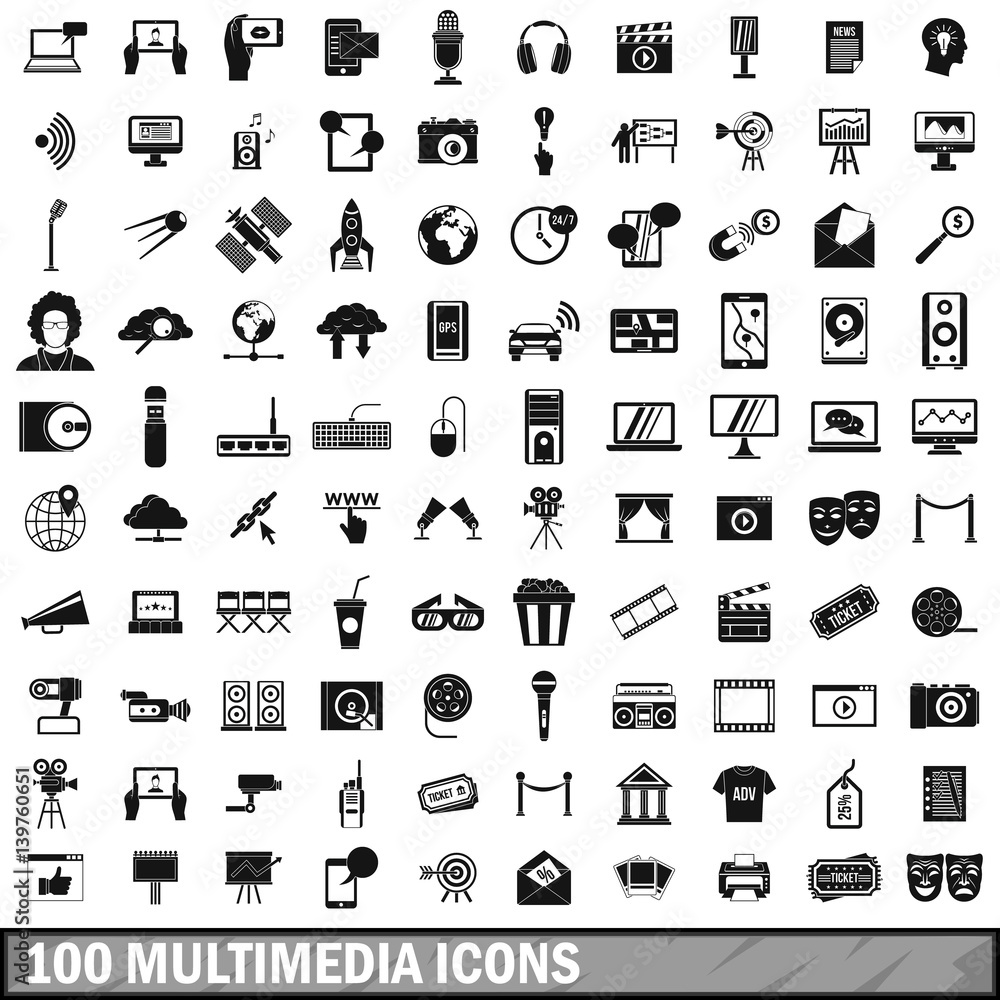 Poster 100 multimedia icons set in simple style
