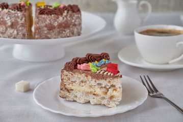 Delicious dessert cake with chocolate cream and coffee