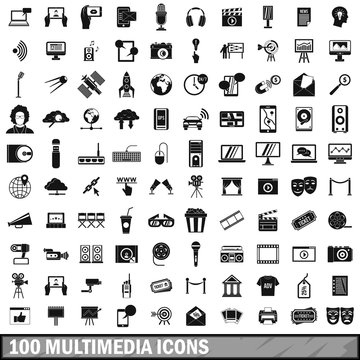 100 multimedia icons set in simple style 