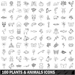 Fototapeta na wymiar 100 plants and animals icons set, outline style