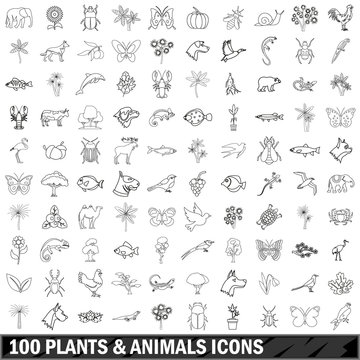 100 Plants And Animals Icons Set, Outline Style