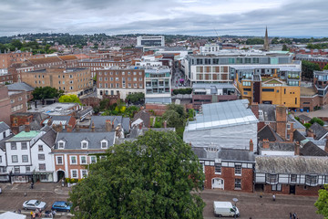 Fototapeta na wymiar The central part of the city of Exeter. Low-rise dense buildings. View from above. Devon. UK