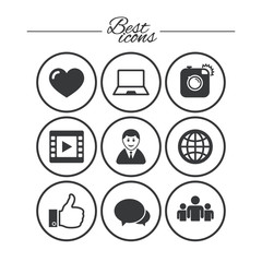 Social media icons. Video, share and chat signs.