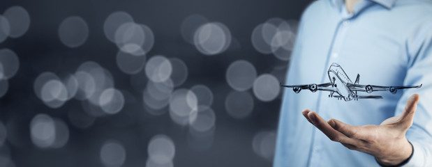businessman at digital background with airplane in palm