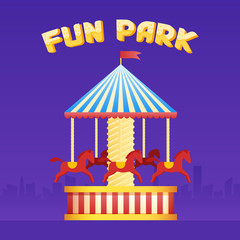 Vintage merry-go-round carousel icon, fair symbol. Amusement park theme. Cartoon vector illustration. Set of attractions. Funfair. Good emotions