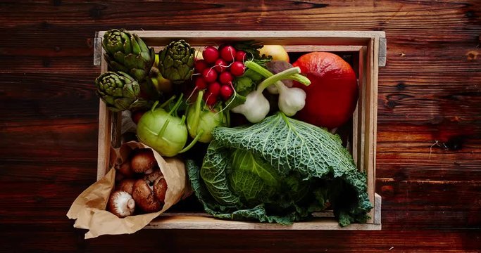 wine case filled with organic groceries vintage look