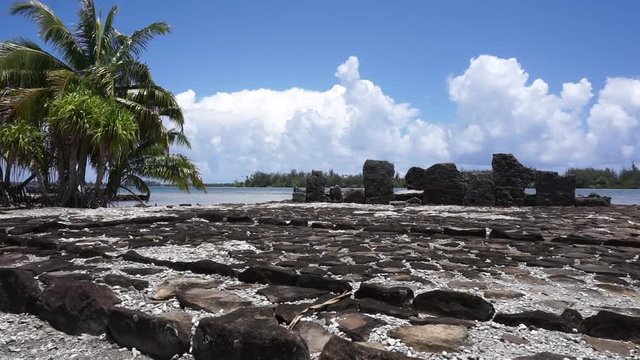 French Polynesia marae old stone structure on the shore of the lake Fauna Nui, Maeva, Huahine Nui island, south Pacific
