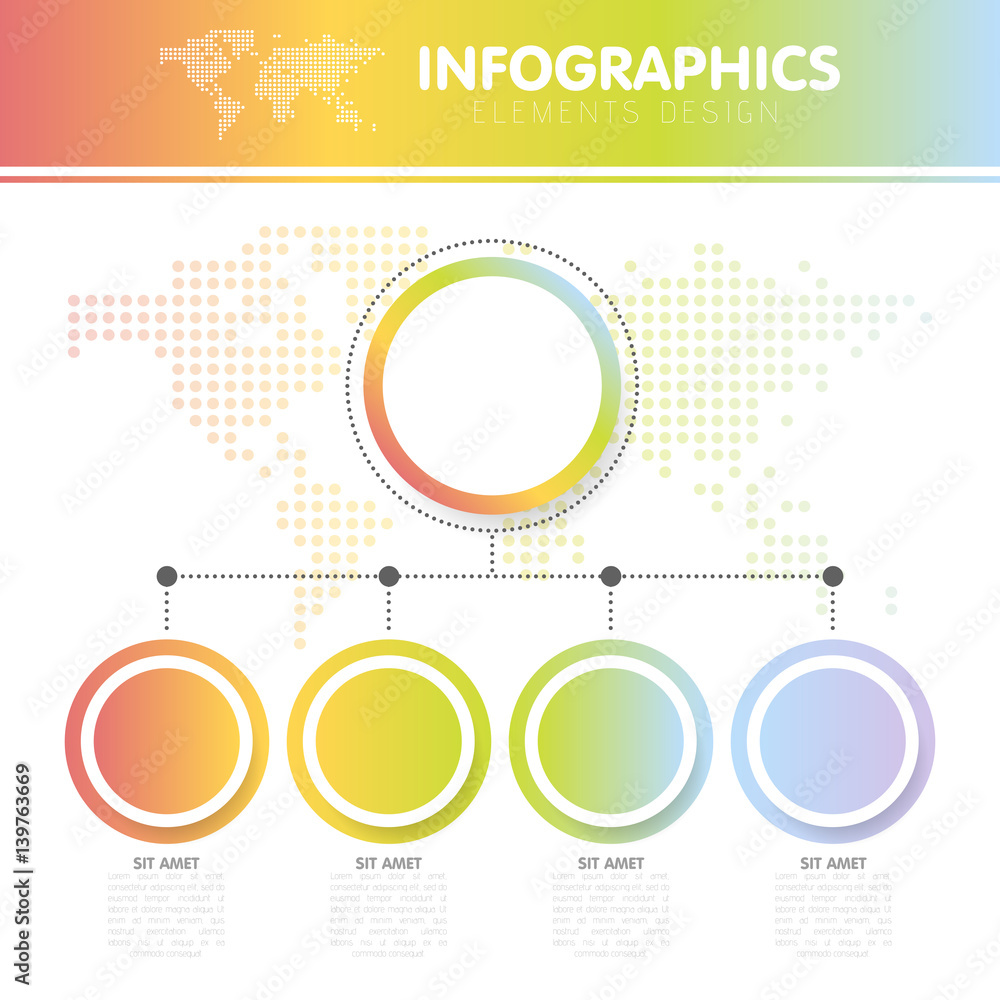 Poster vector illustration of the infographics with the dotted world map with the four circles with steps