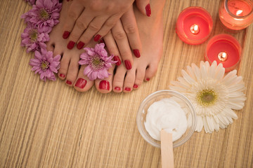 female feet and hands at spa salon