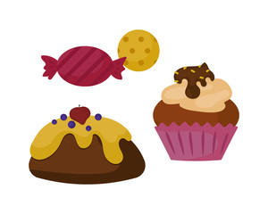 Sweets food bakery dessert sugar confectionery lollipop design and snack chocolate cake colorful holiday candy caramel icon vector illustration.