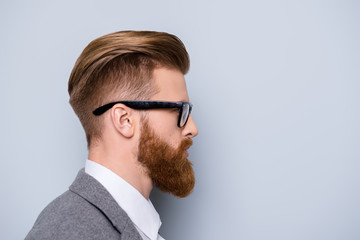 Side view portrait of serious smart  confident  bearded man in formalwear and spectacles looking at...
