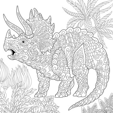 Stylized stegosaurus dinosaur of the Jurassic and early Cretaceous periods. Freehand sketch for adult anti stress coloring book page with doodle and zentangle elements.