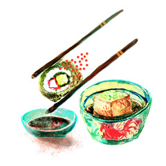 Isolated Watercolor Sushi and Japanese Food painting on white background