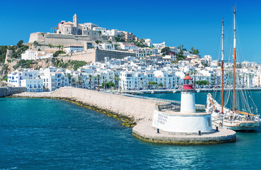Ibiza port, beautiful panoramic view on a sunny day - obrazy, fototapety, plakaty