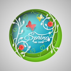 Multilayered Spring has come vector poster in style of the paper art carve on the gradient sunny blue and green background with floral pattern, butterflies and red flowers.