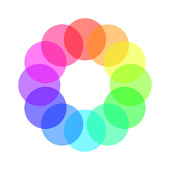 Partly transparent rainbow spectrum color circles arranged in the ring. Vector illustration.