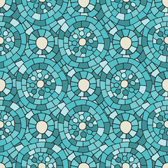 Seamless abstract hand drawn vector pattern. Summer cold colours, modern wave and mosaic circles texture. Ceramic tile floor ornament stylization. Boho fashion style for print