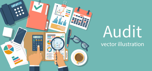 Auditing concepts. Auditor at table during examination of financial report. Tax process. Research, project management, planning, accounting, analysis, data. Vector illustration flat design.