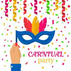 Carnival mask with feathers hold in hand woman. Festive abstract background streamer and confetti. Happy Carnival Festive. Vector illustration flat design. Isolated on white. Masquerade party, poster.