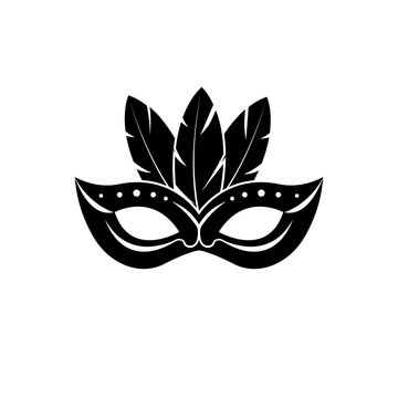 Carnival mask icon black silhouette isolated on white background. Mask with feathers pictogram. Vector illustration flat design. Abstract pattern.