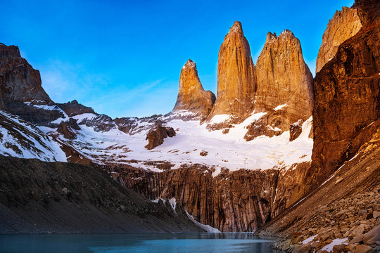 Mirador Torres at sunrise in the Torres del Paine National Park in Patagonia, Chile, South America