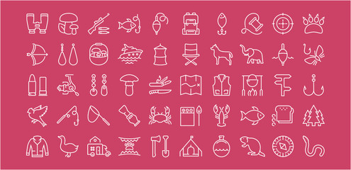Set Vector Flat Line Icons Mushrooming, Fishing and Hunting