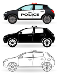 Police car colored, black silhouette, outline isolated on a white background. Patrol vehicle in three differen styles.