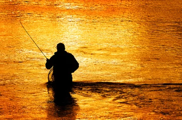 Fototapeten Silhouette of Man Flyfishing in River © Lane Erickson