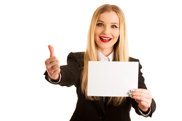 Naklejka premium cute young business woman golds blank paper with place for advertisement or text