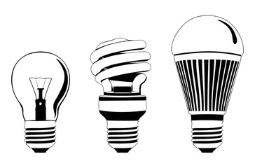 Light bulbs set. Progress of three generation light bulb. Isolated vector illustration