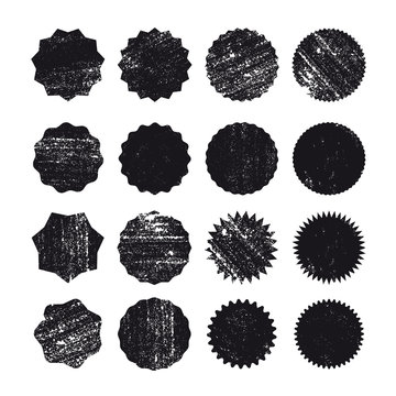 Different Starburst Sunburst Badges, Black Shapes. Blank Shapes. Vector Illustration Distress Textures.