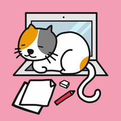 Cute white cat resting on laptop cartoon vector illustration