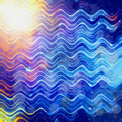 Abstract wavy background resembling water surface with a reflection of the sun. Dark blue, green, pink and orange rippling water texture