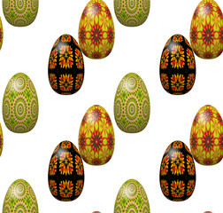 Seamless easter pattern with decorative painted eggs. Green, red, black, orange easter eggs on a white background