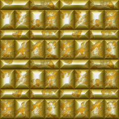 Seamless relief 3d mosaic pattern of scratched gold and silver beveled rectangles. Weathered wall with brushed gold and silver peeling blocks