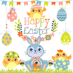 Happy Easter.  Set of Happy Easter. Rabbit,chicken and eggs. Vector illustration