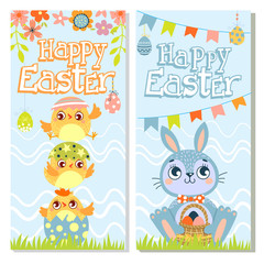 Happy Easter.  Set of Happy Easter greeting cards. Rabbit,chicken and eggs. Vector illustration