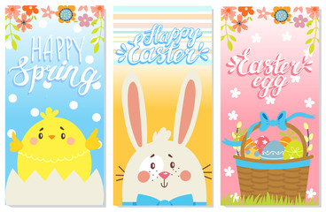 Happy Easter.  Set of Happy Easter greeting cards. Rabbit,chicken and eggs. Vector illustration