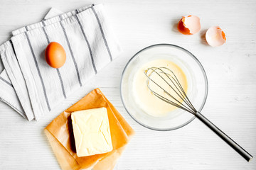 cooking pancake on white background top view ingredients for making