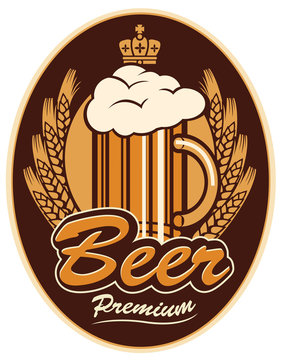 Template vector beer labels with a full glass of beer and a wreath of wheat ears