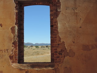 landscape through ruins window