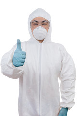 Asian Chinese scientist in protective wear with thumbs up