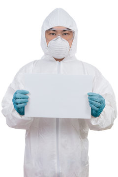 Asian Chinese scientist in protective wear holding white paper board